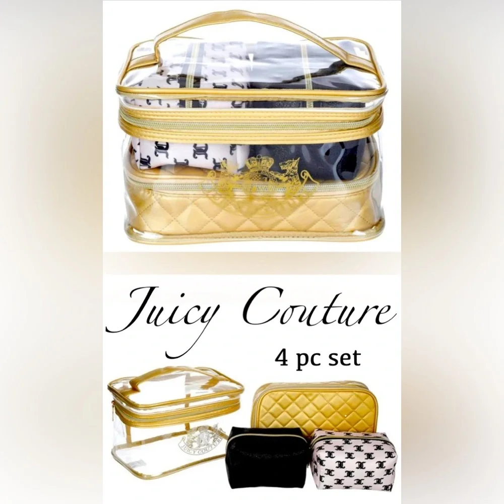 NWT Juicy Couture Gold & Black Cosmetic Bag Set PLUS Travel Toiletry Bottle NEW